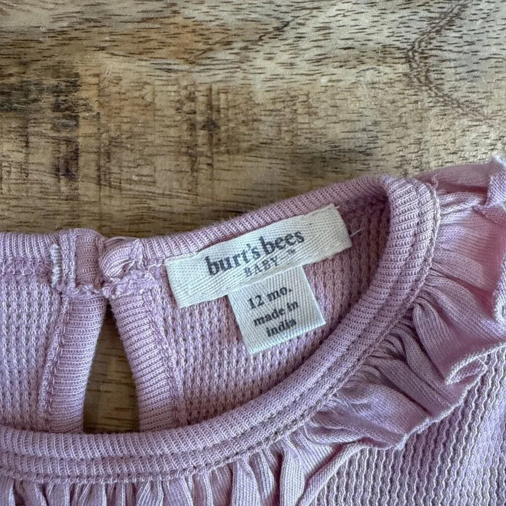 BURT'S BEES BABY One-piece Bodysuit Outfit 12 months Waffle Pink Ruffles LS